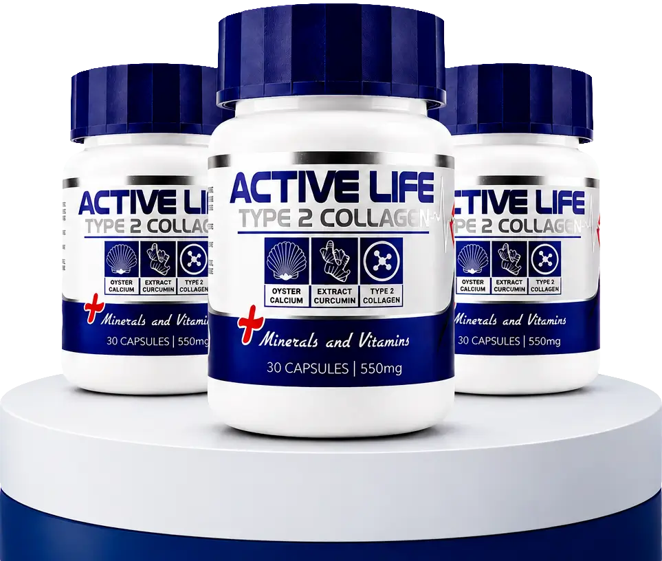 Frascos do suplemento Active Life Original com colágeno tipo II