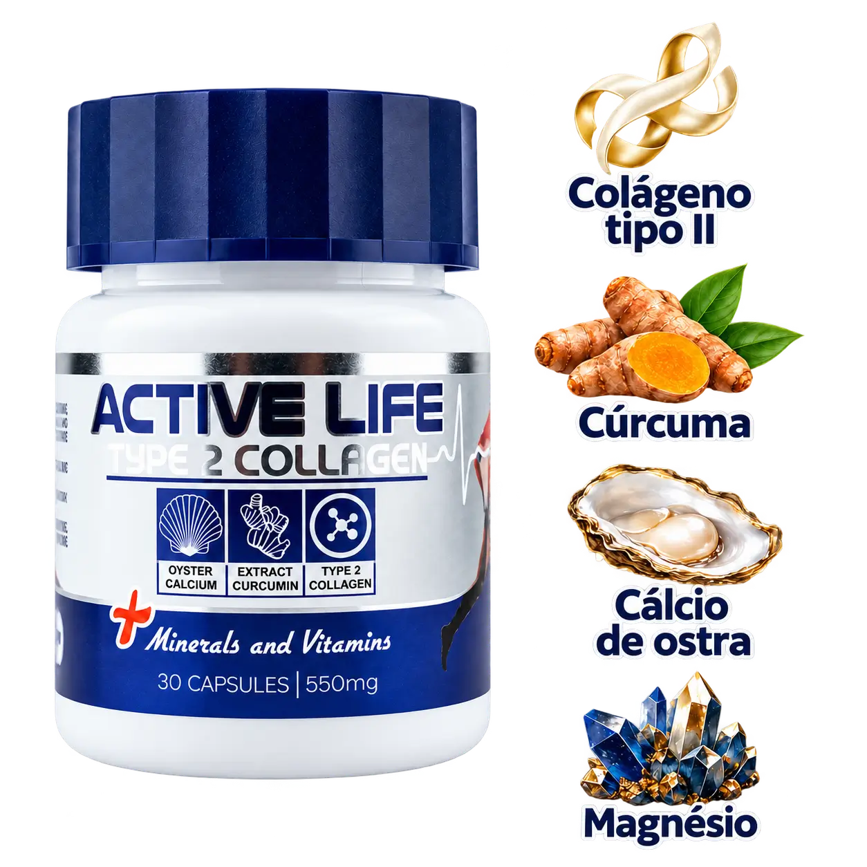 Active Life e seus principais ingredientes: colágeno tipo II, cúrcuma, cálcio de ostra e magnésio
